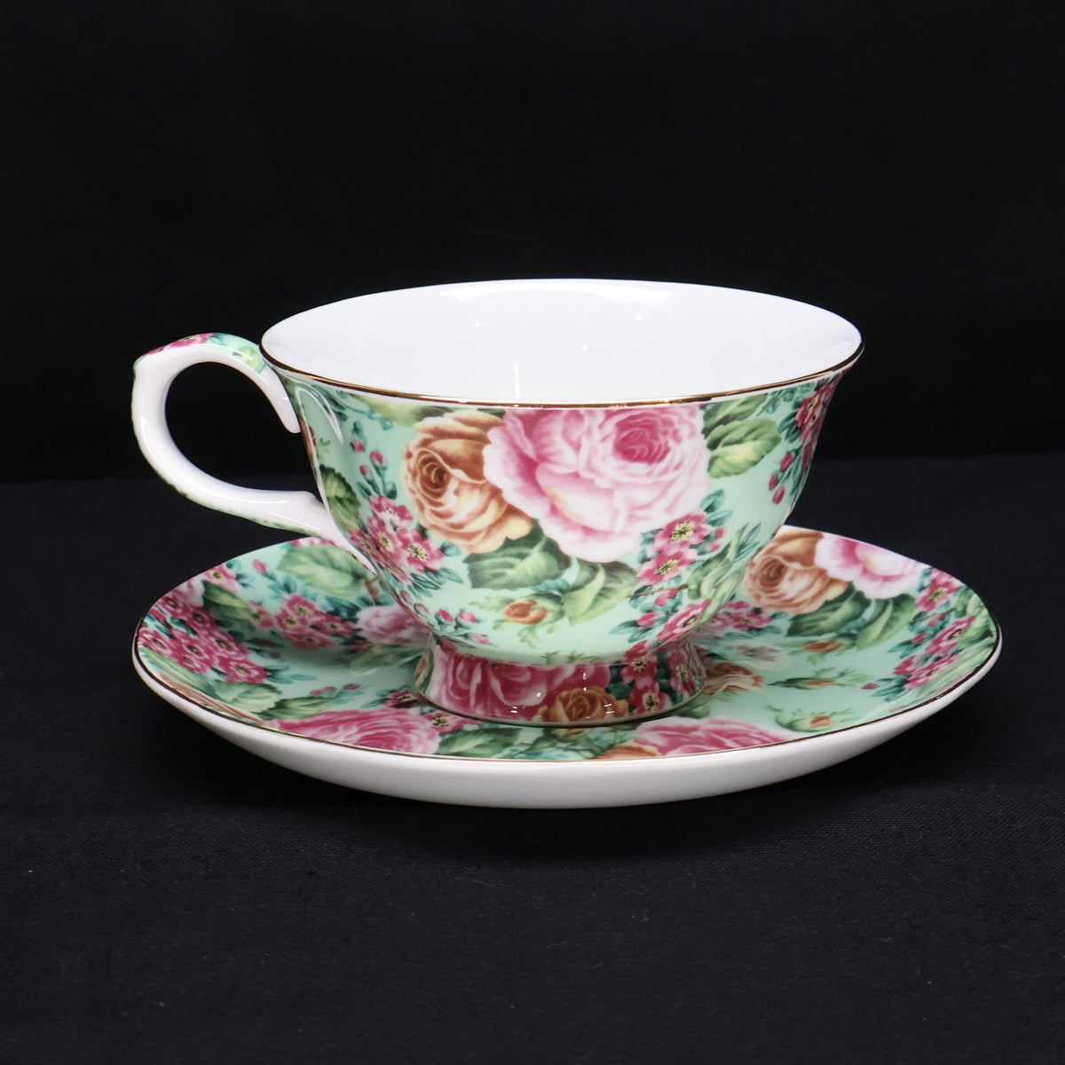 Edwardian Collection England Tea Cup and Saucer Pink and Green