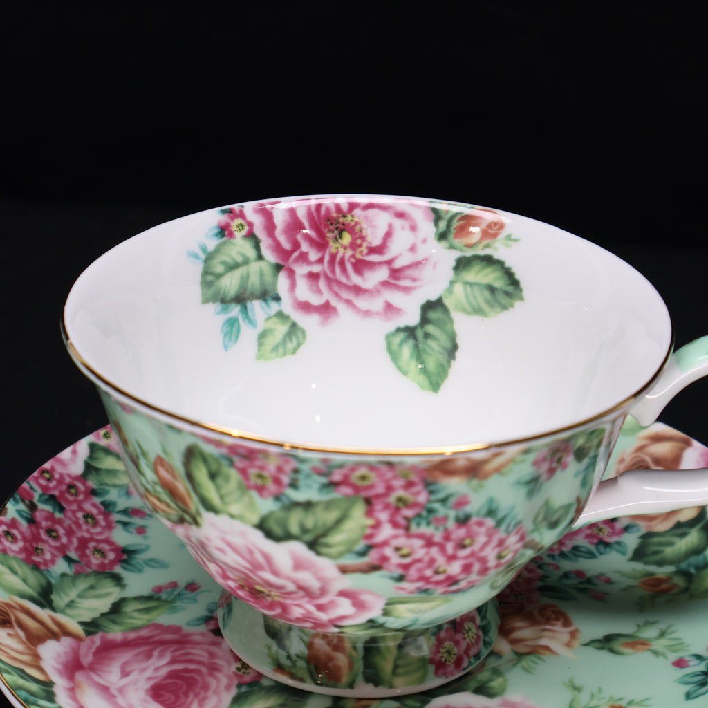 Edwardian Collection England Tea Cup and Saucer Pink and Green