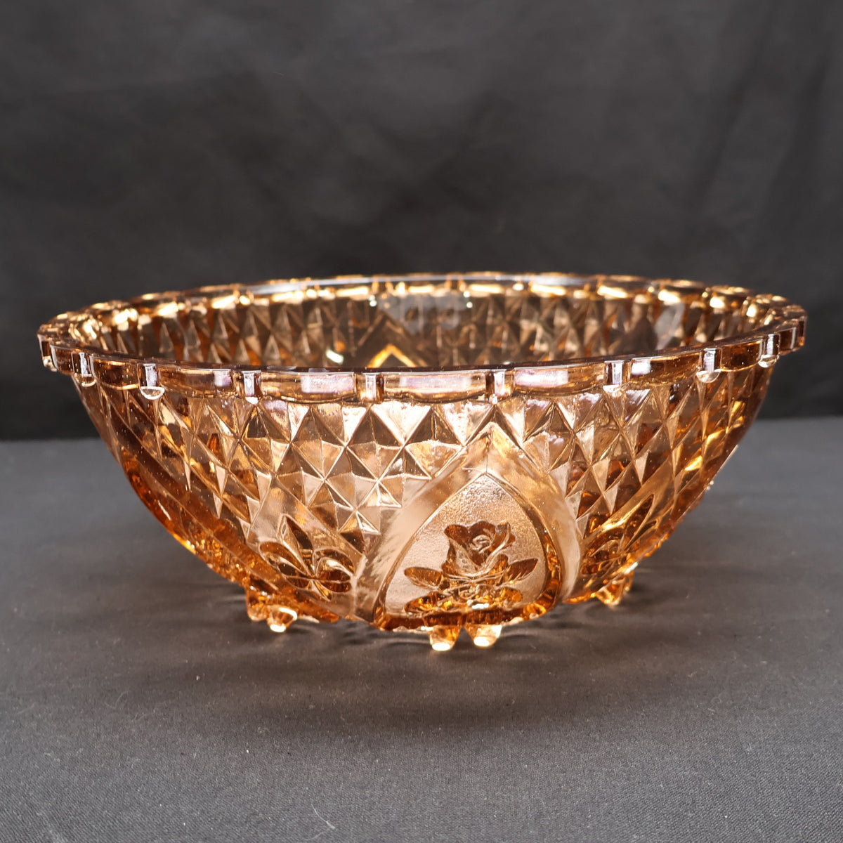 KIG Indonesia Honey Amber Pressed Glass Footed Bowl