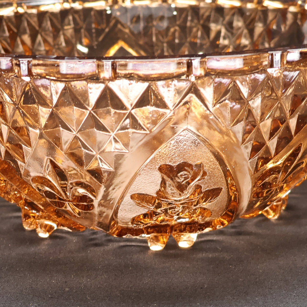 KIG Indonesia Honey Amber Pressed Glass Footed Bowl