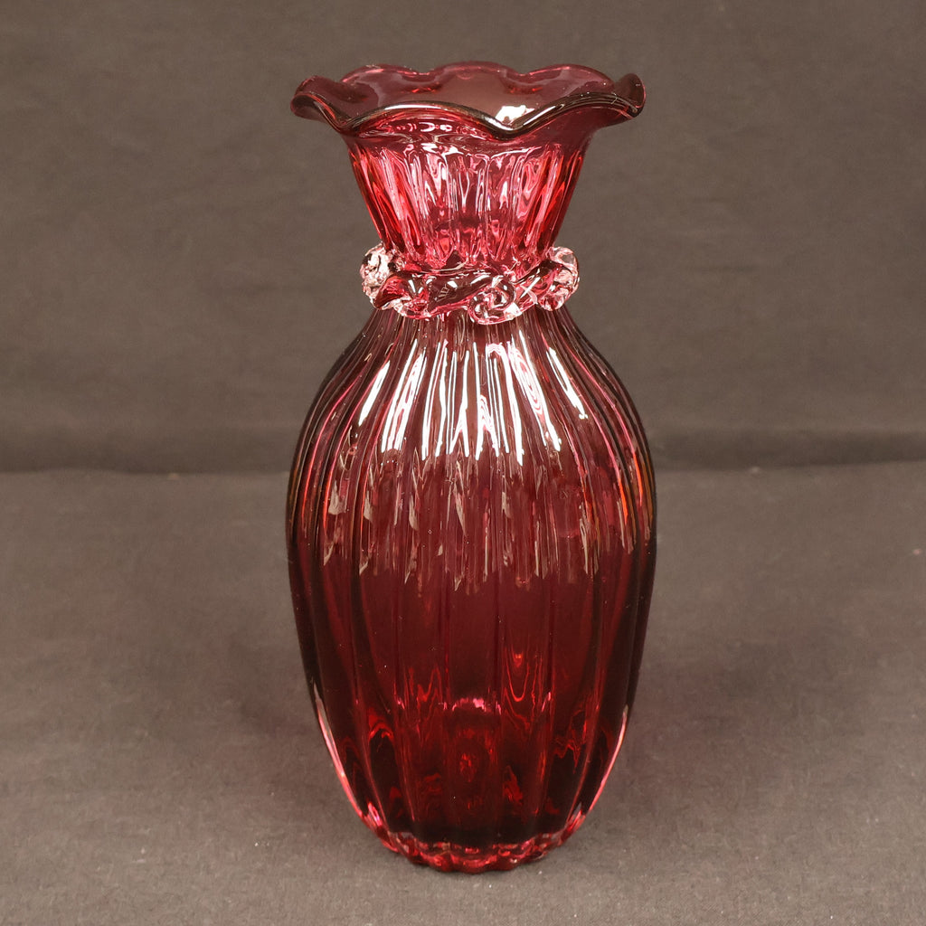 Pilgrim Glass Cranberry Optic Ribbed Bud Vase