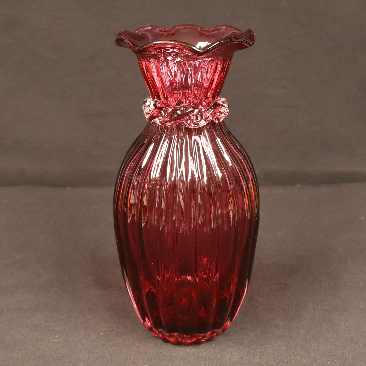 Pilgrim Glass Cranberry Optic Ribbed Bud Vase