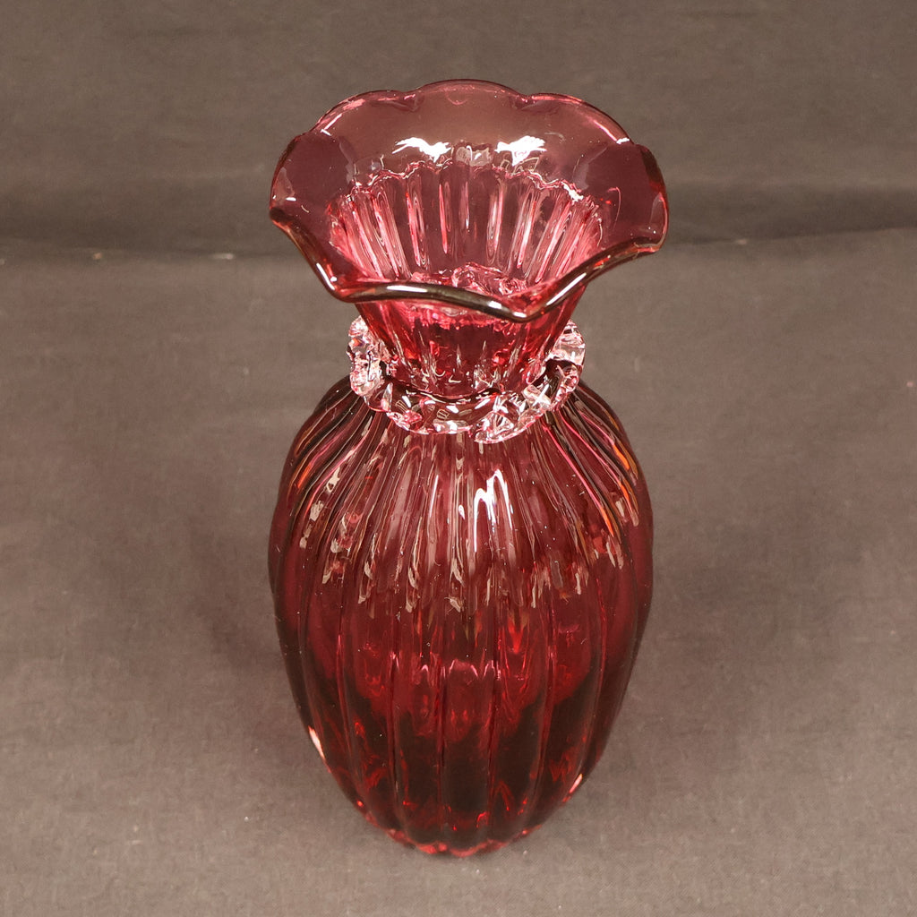 Pilgrim Glass Cranberry Optic Ribbed Bud Vase