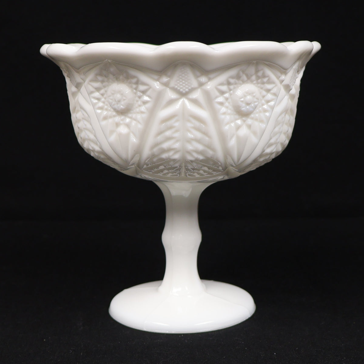 LE Smith Milk Glass Pedestal Compote Sunburst Pattern